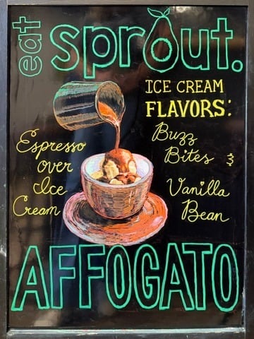 Chalk sign for an affogato at Eat Sprout